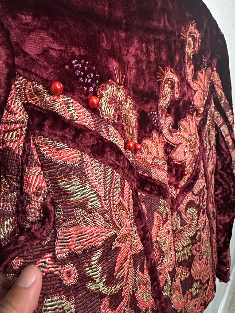 SANDY STARKMAN Burgundy Velvet Paisley Embellished Blazer - Picture 7 of 8